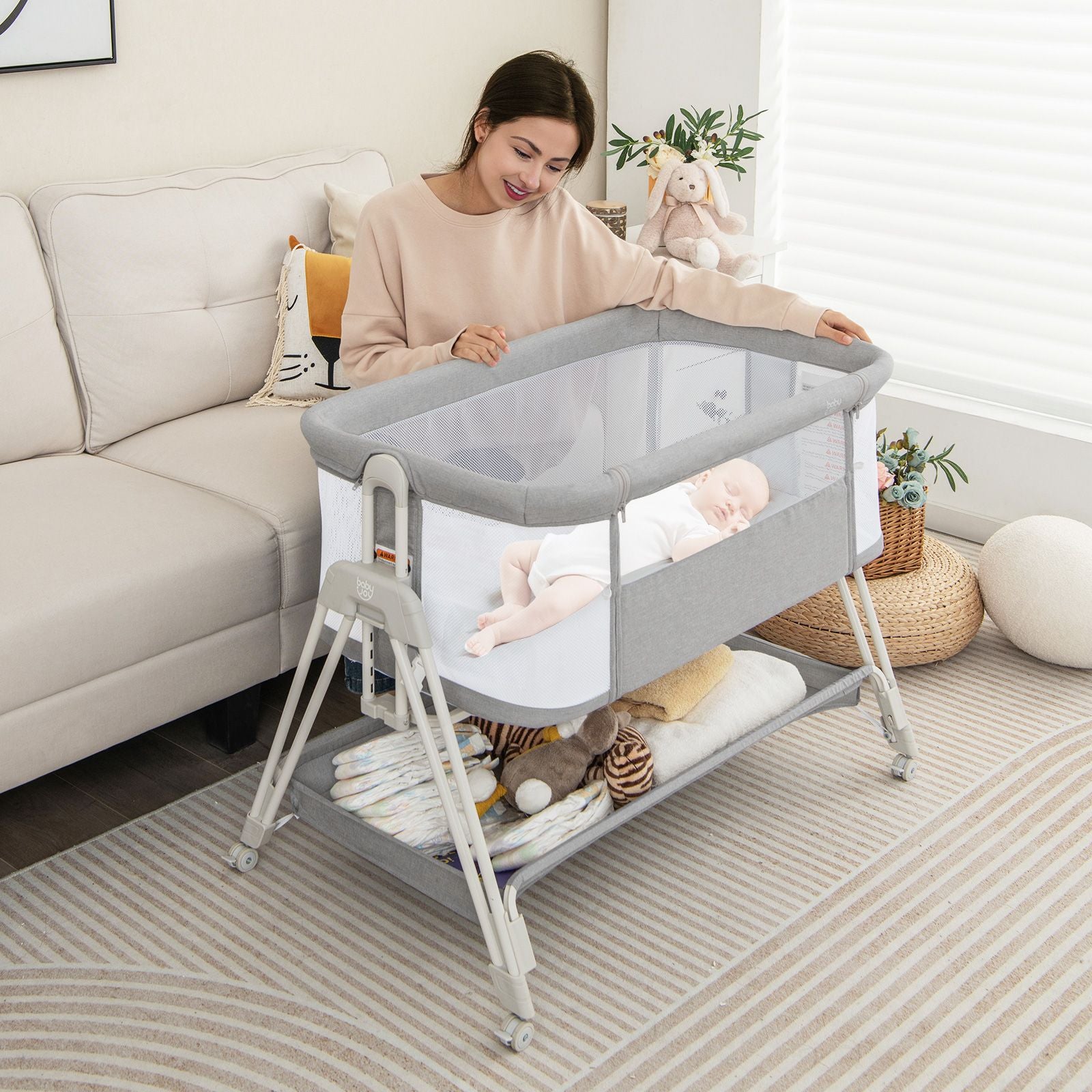 Baby Bedside Crib with Mattress for Birth to 9Kg