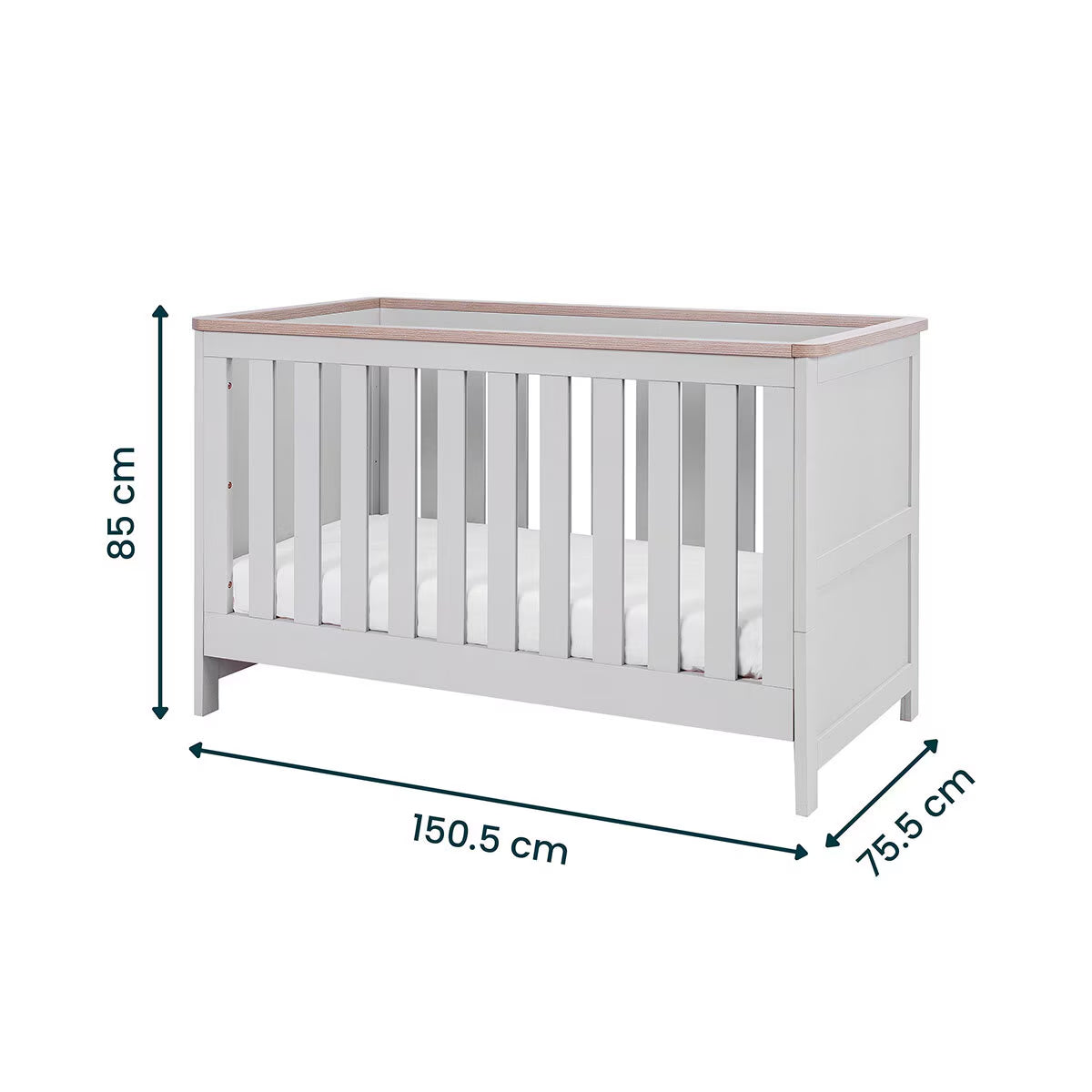 Verona Cot Bed with Sprung Mattress, Grey & Oak