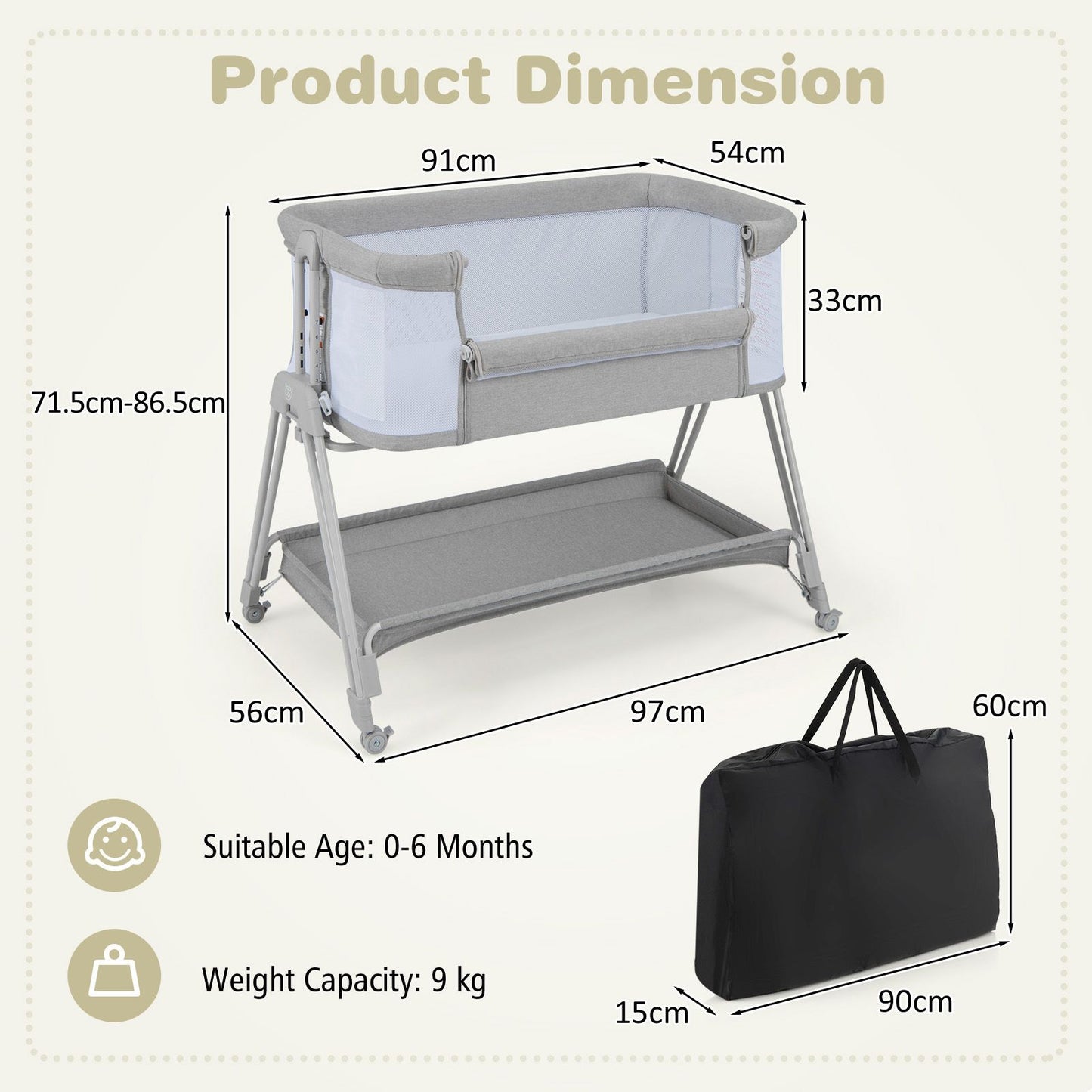 Baby Bedside Crib with Mattress for Birth to 9Kg