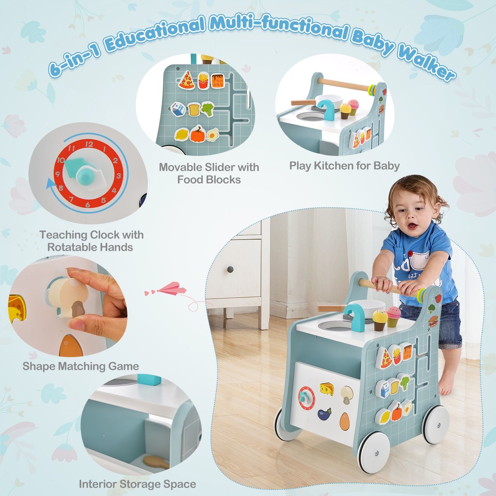 6-In-1 Wooden Baby Stroller Push and Pull Learning Activity Center