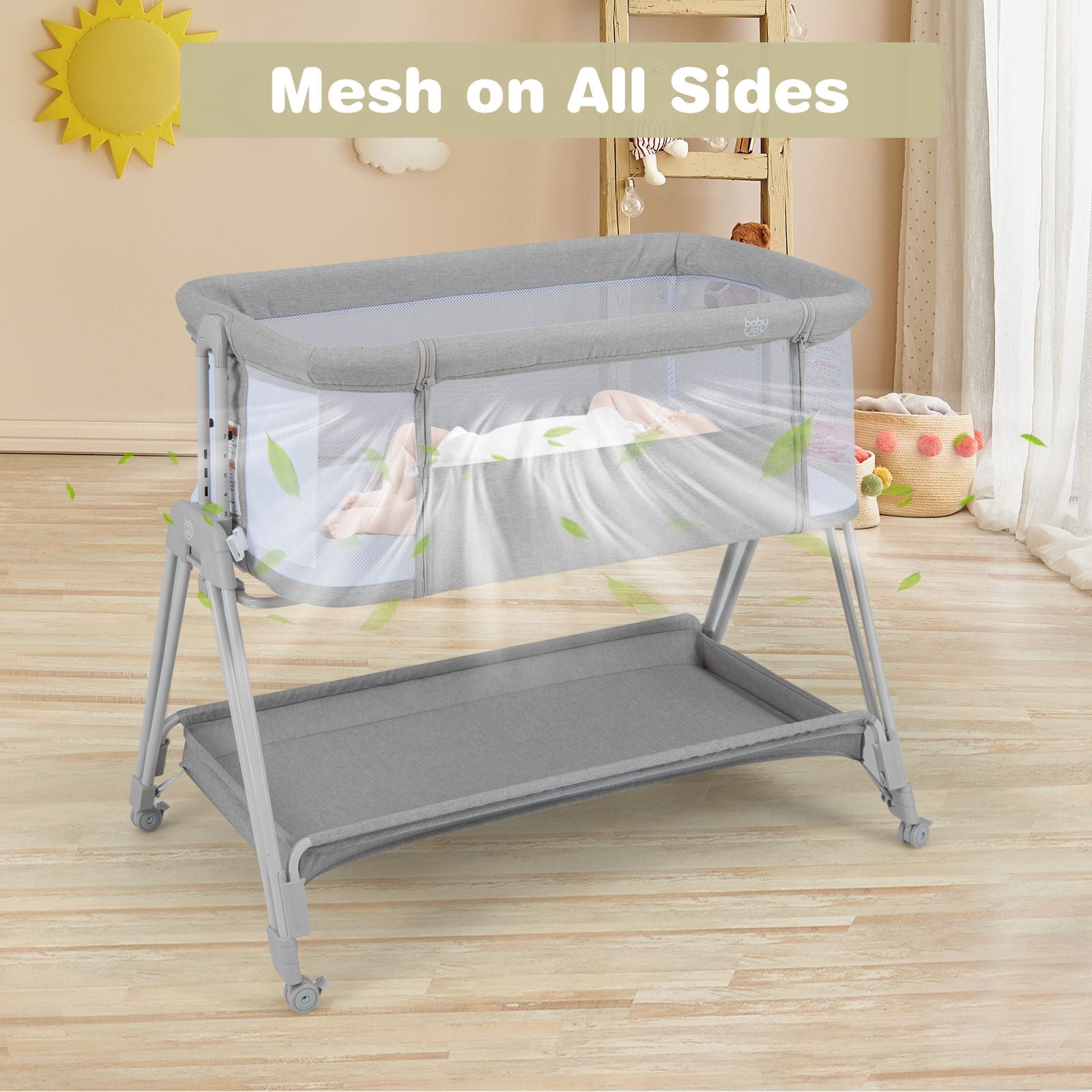 Baby Bedside Crib with Mattress for Birth to 9Kg