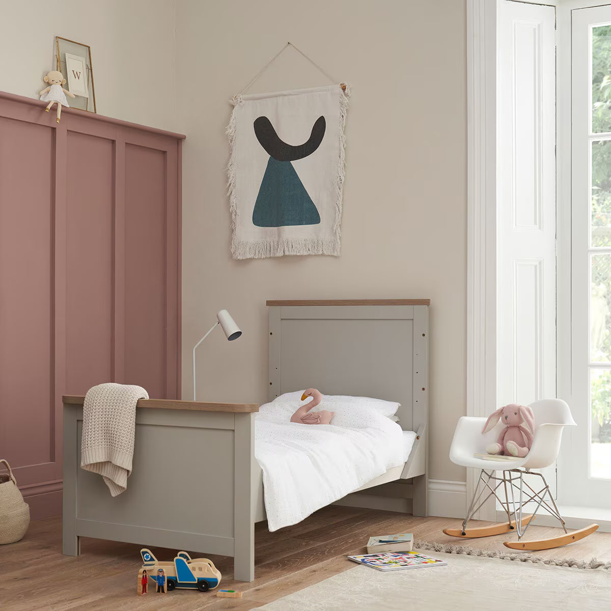 Verona Cot Bed with Sprung Mattress, Grey & Oak