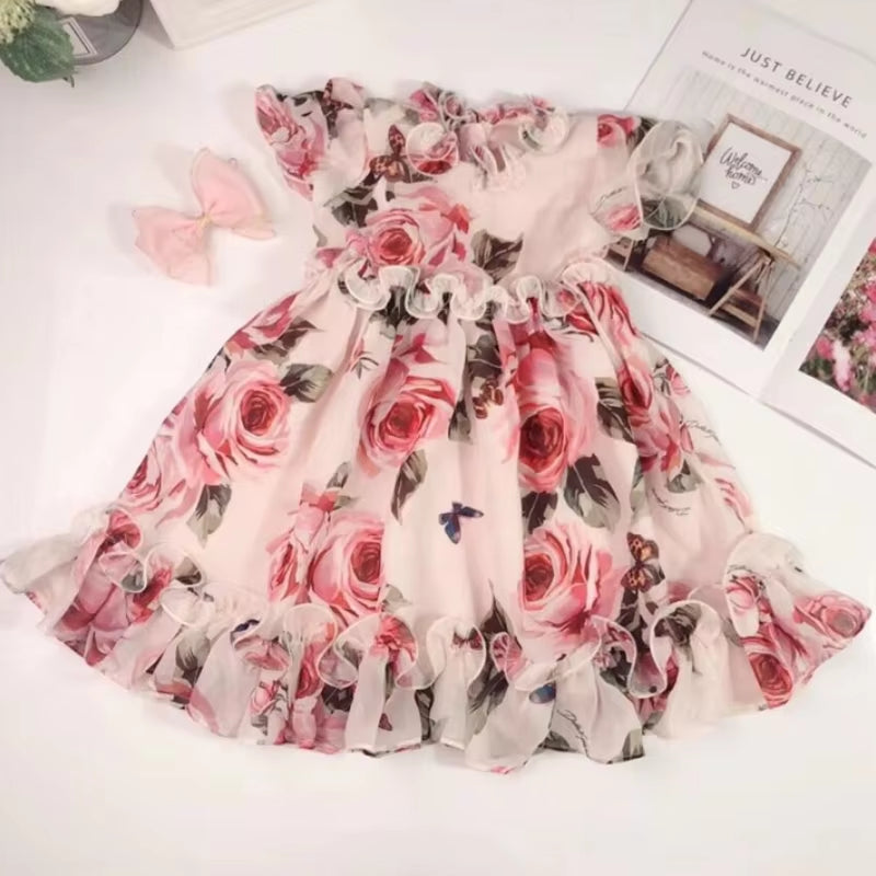 Girl Princess Dress Chiffon 3D Rose Puff Sleeve Toddler Summer Dress