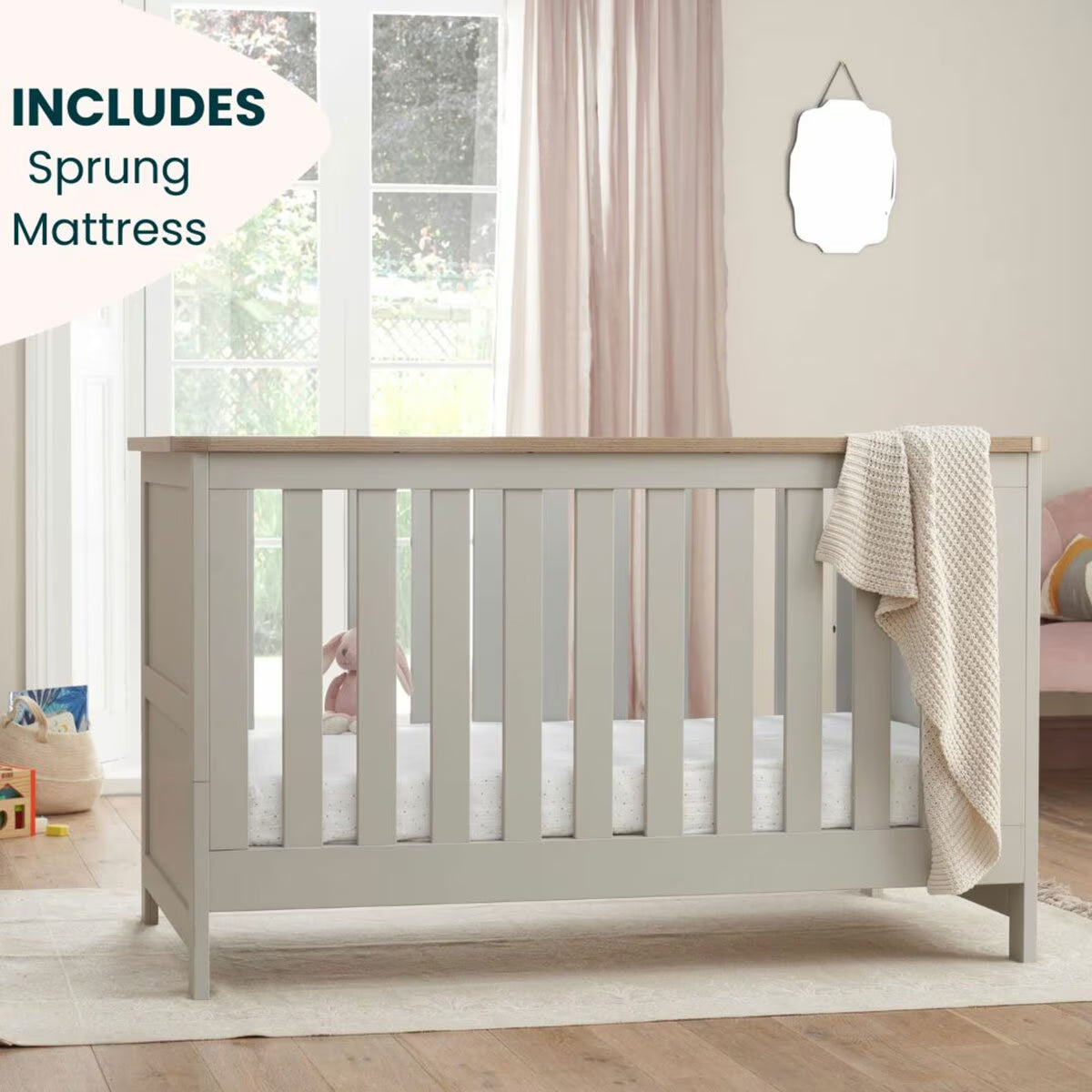 Verona Cot Bed with Sprung Mattress, Grey & Oak