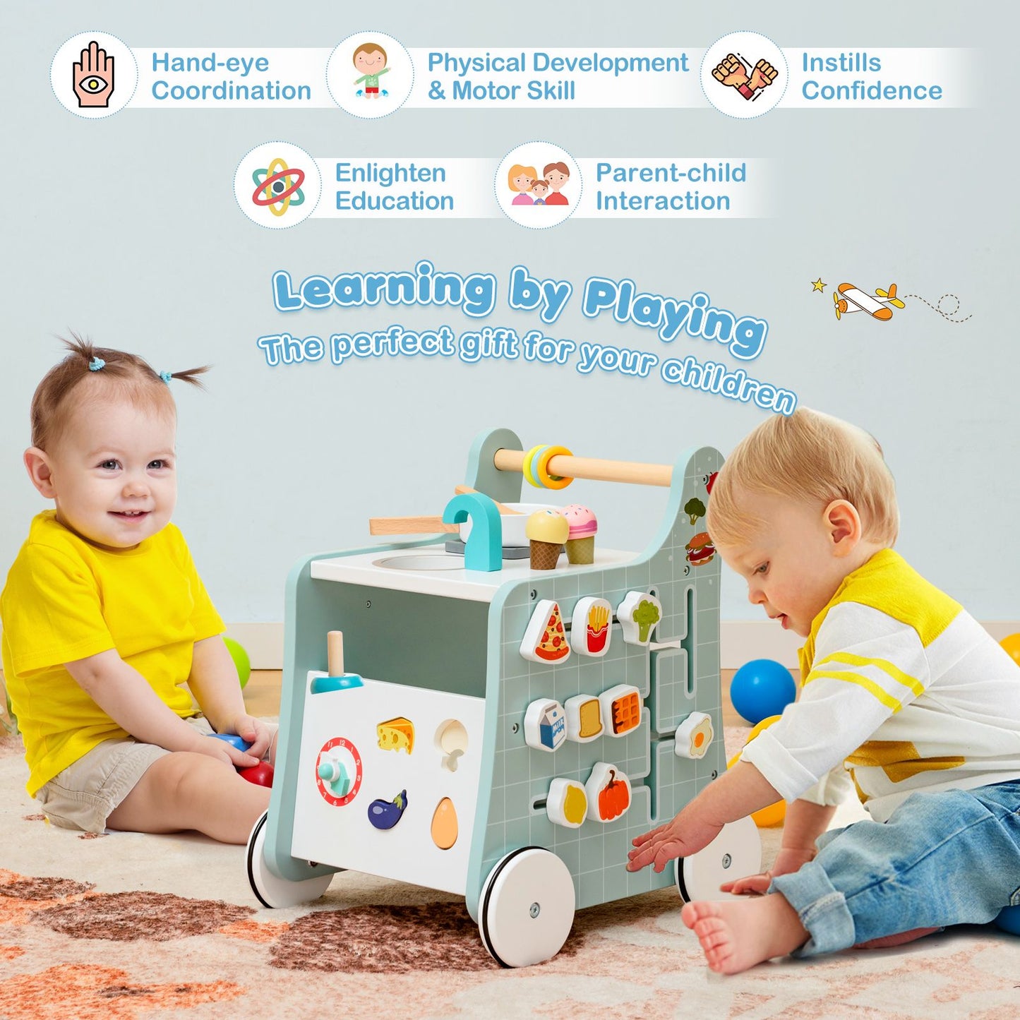 6-In-1 Wooden Baby Stroller Push and Pull Learning Activity Center