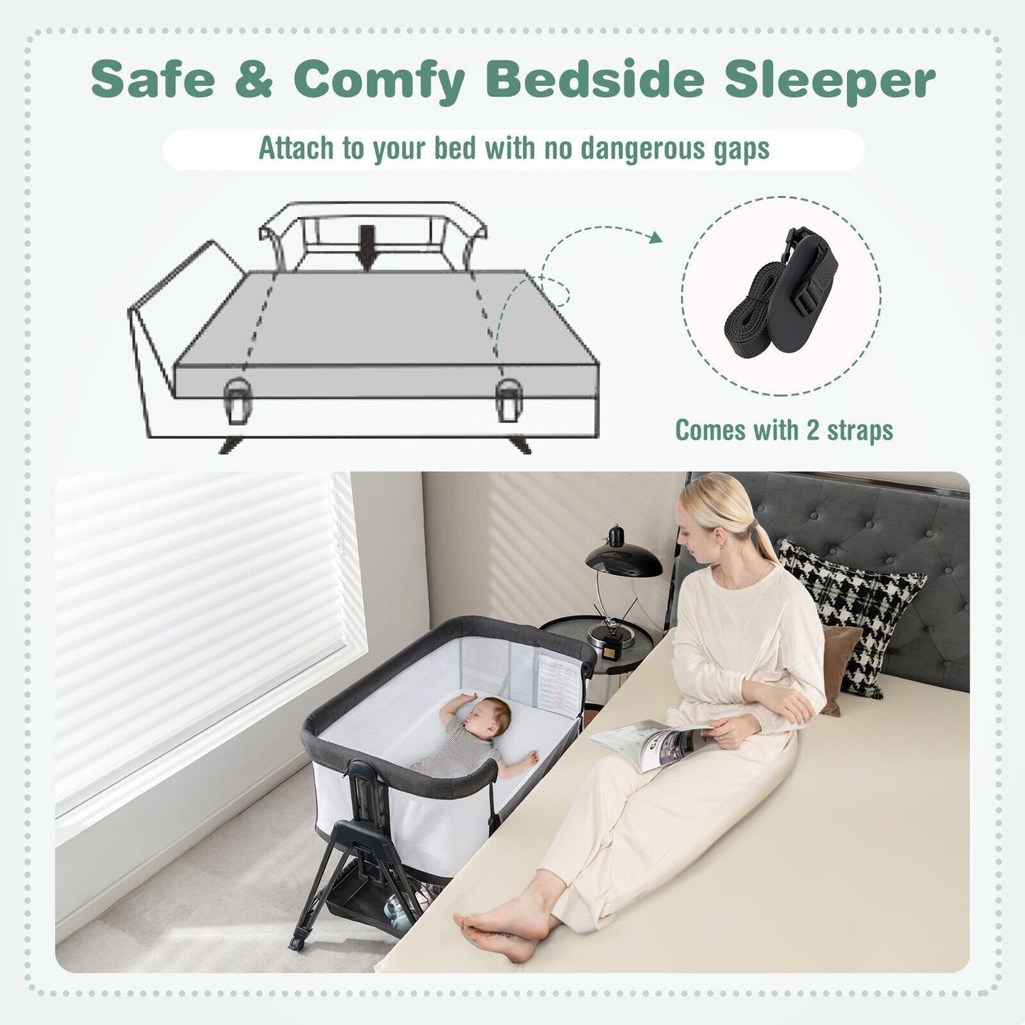 Baby Bedside Crib with Mattress for Birth to 9Kg