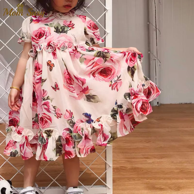 Girl Princess Dress Chiffon 3D Rose Puff Sleeve Toddler Summer Dress