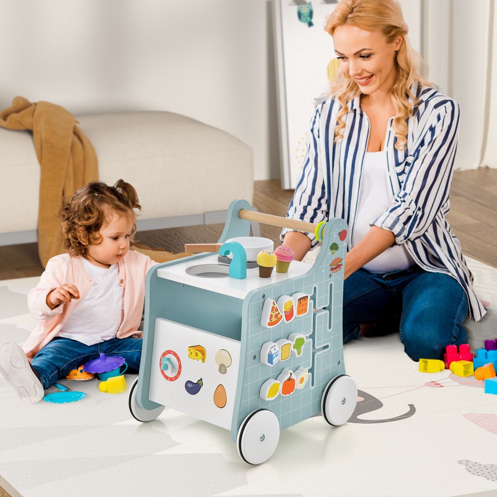 6-In-1 Wooden Baby Stroller Push and Pull Learning Activity Center