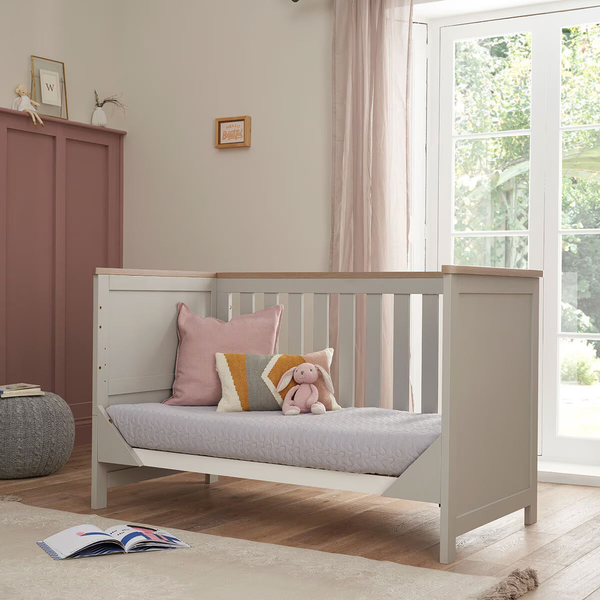 Verona Cot Bed with Sprung Mattress, Grey & Oak