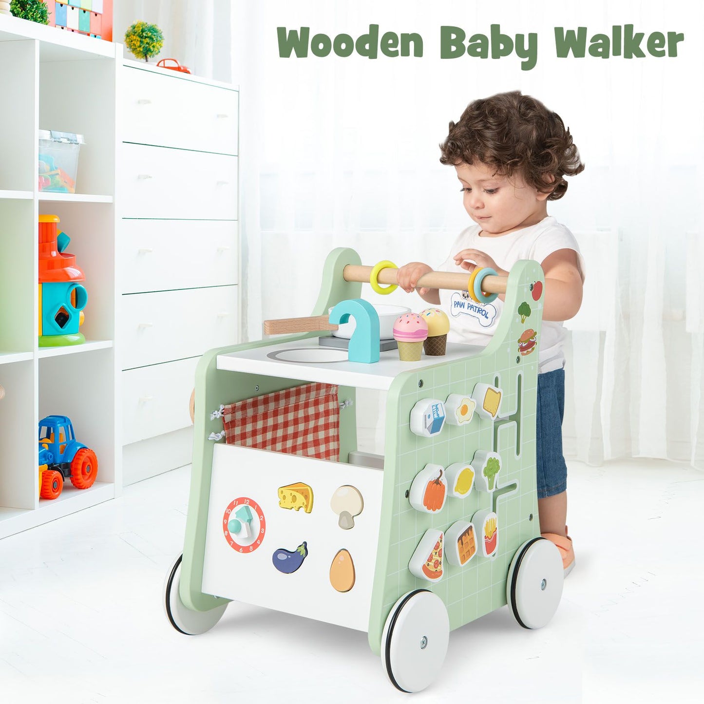 6-In-1 Wooden Baby Stroller Push and Pull Learning Activity Center