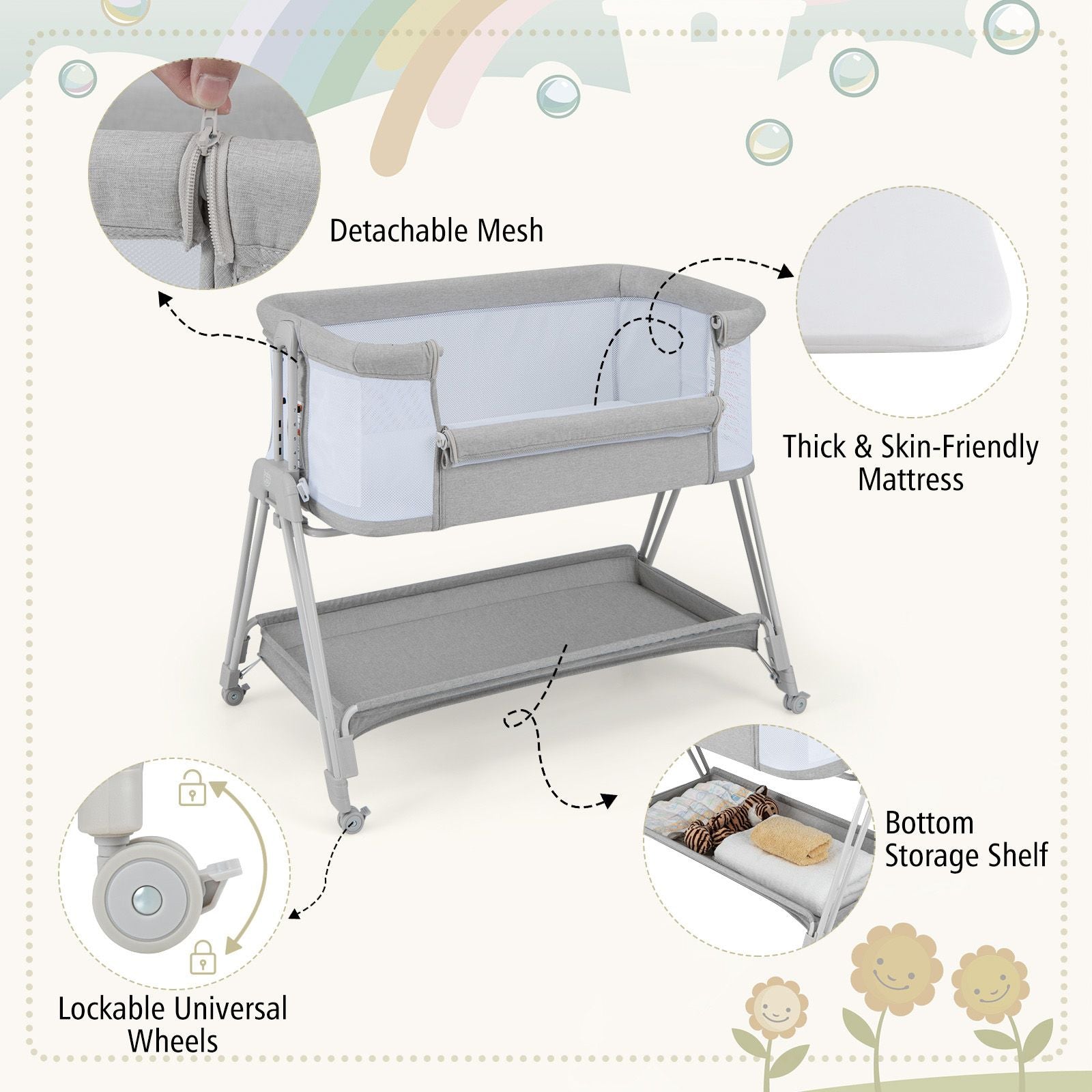 Baby Bedside Crib with Mattress for Birth to 9Kg