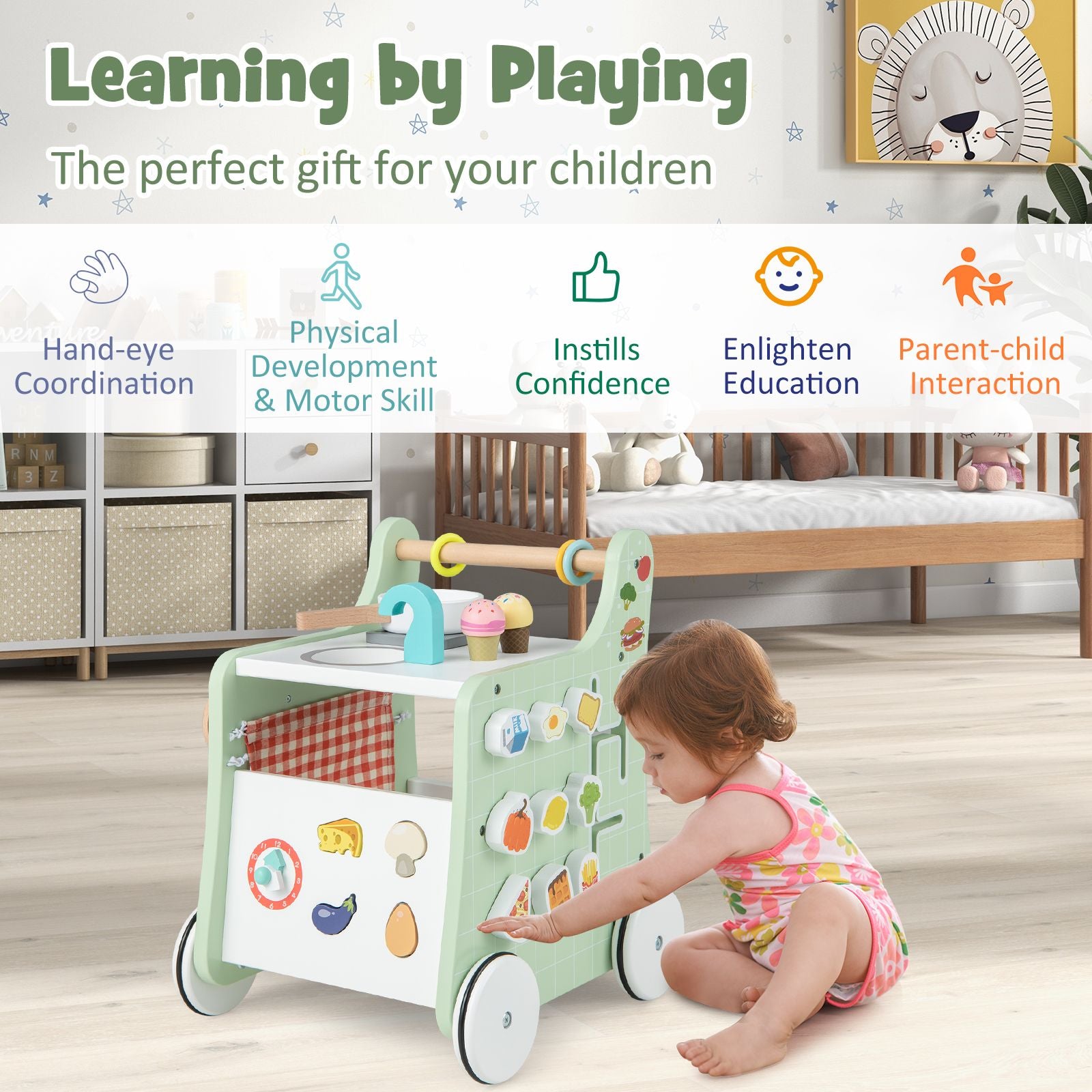 6-In-1 Wooden Baby Stroller Push and Pull Learning Activity Center