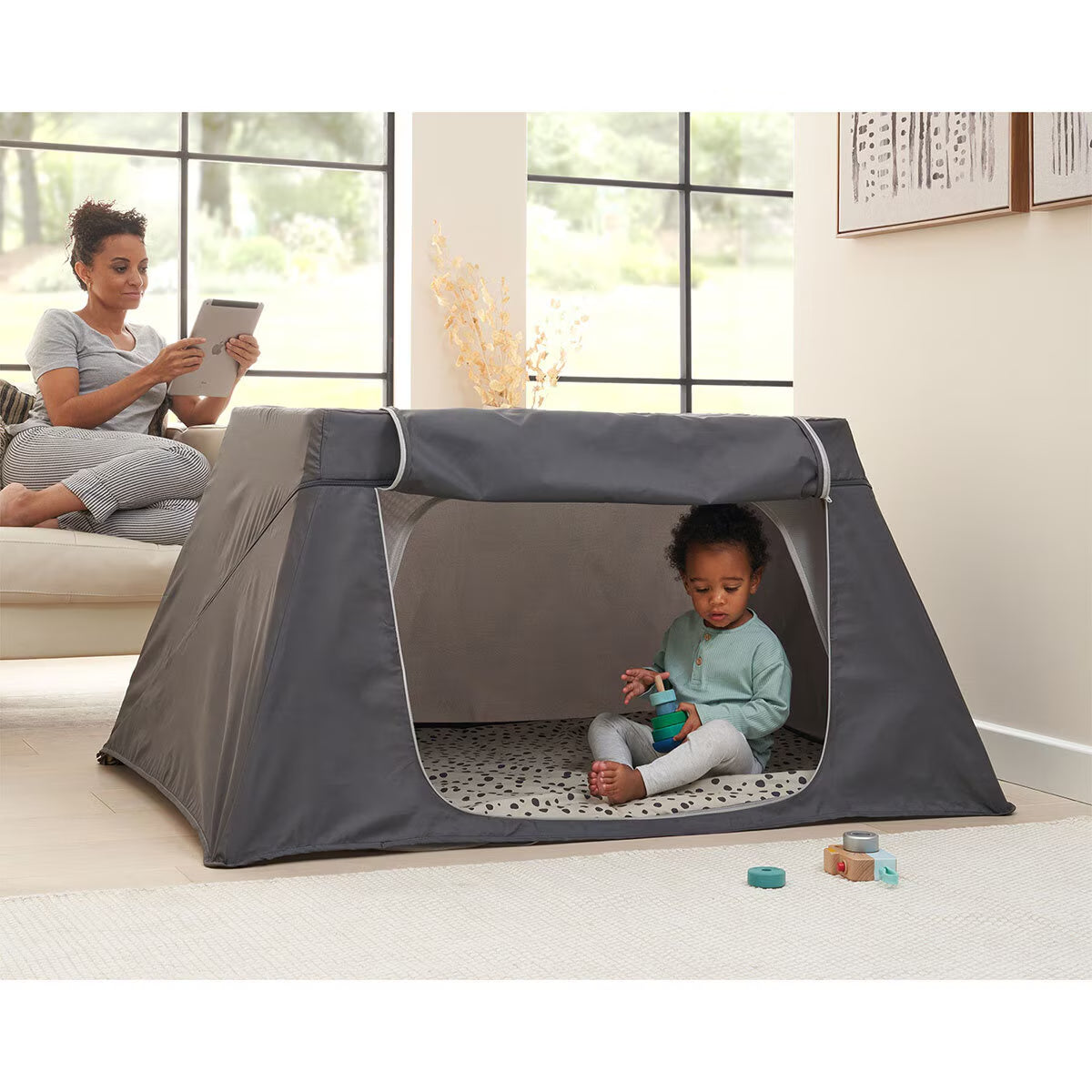 Cozee Go Day & Night Travel Cot Bundle, Oak & Charcoal