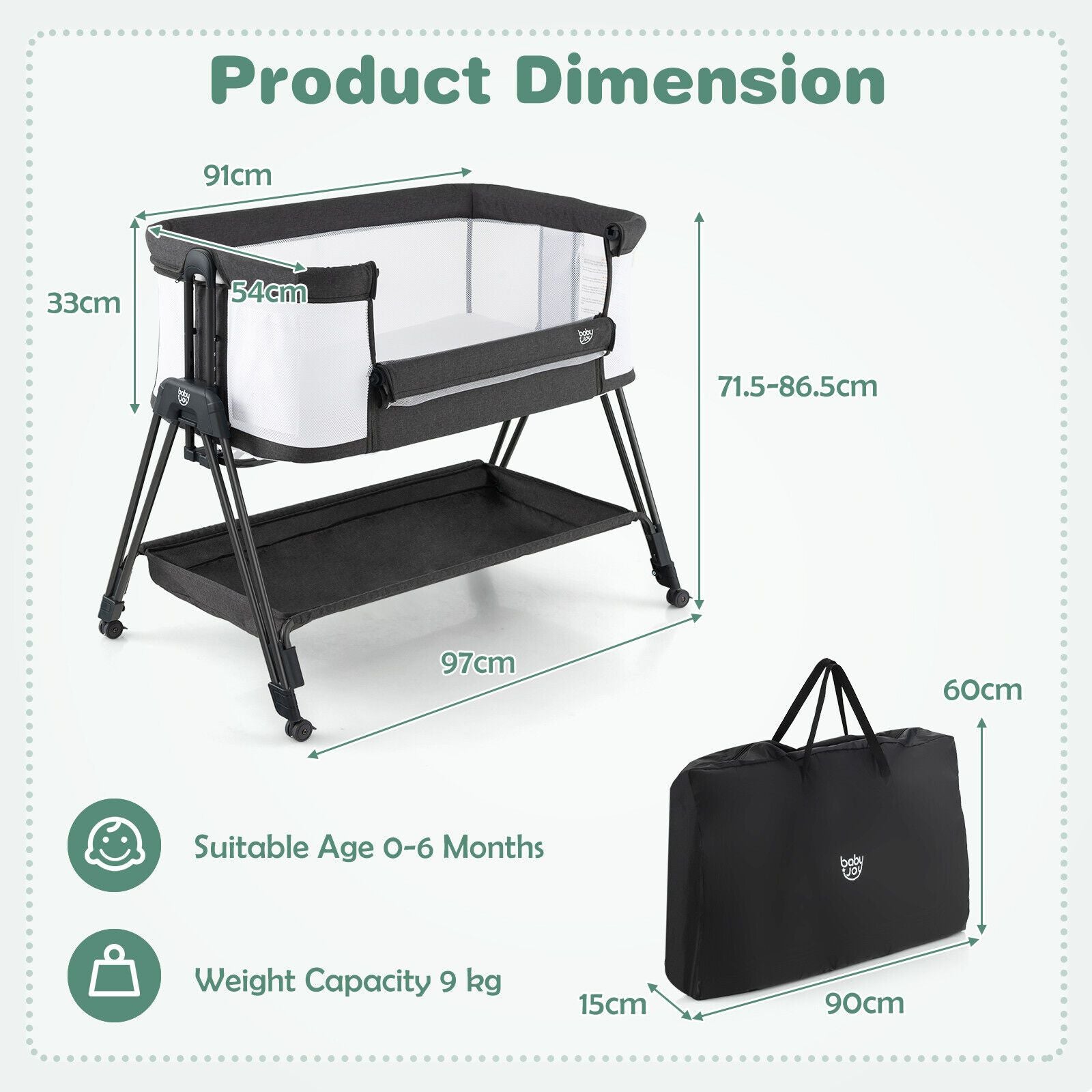 Baby Bedside Crib with Mattress for Birth to 9Kg