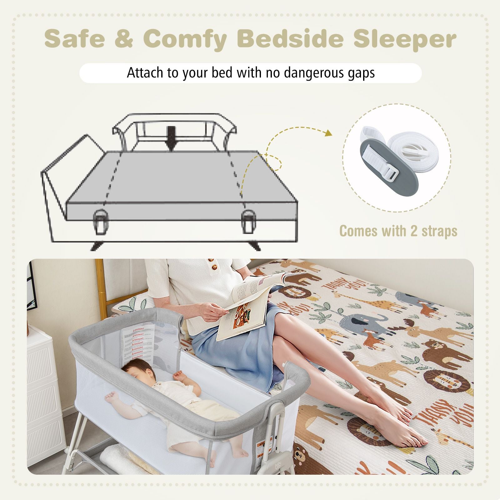 Baby Bedside Crib with Mattress for Birth to 9Kg