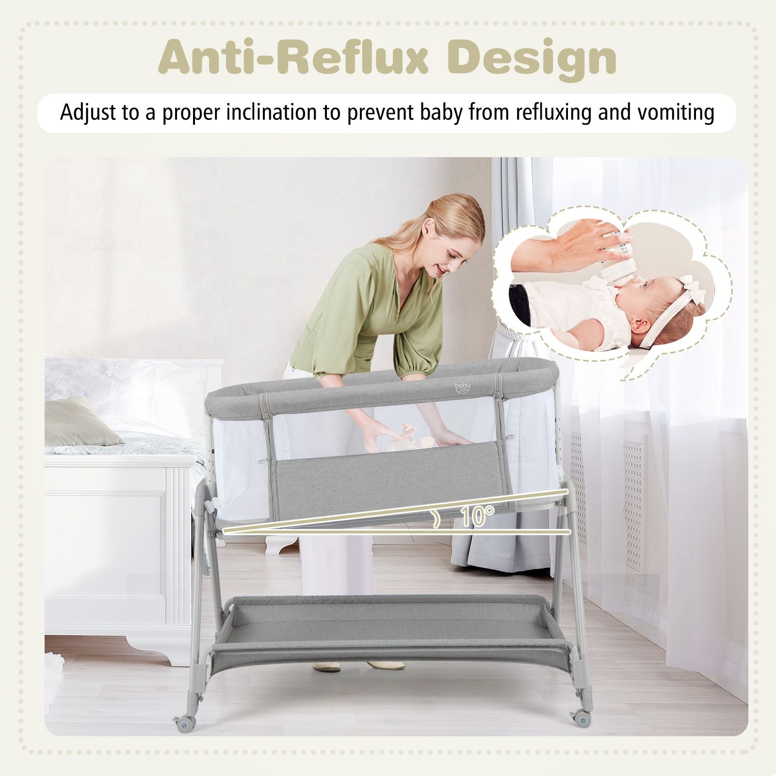 Baby Bedside Crib with Mattress for Birth to 9Kg