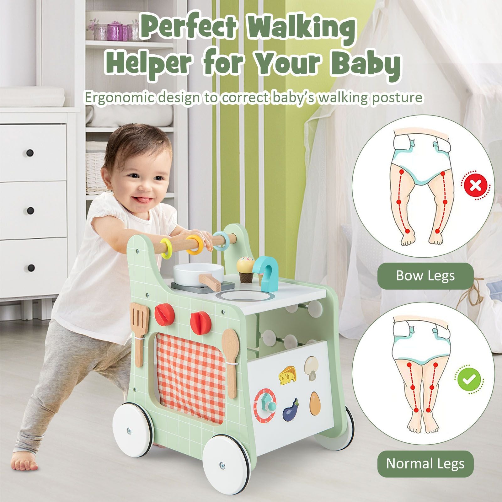 6-In-1 Wooden Baby Stroller Push and Pull Learning Activity Center